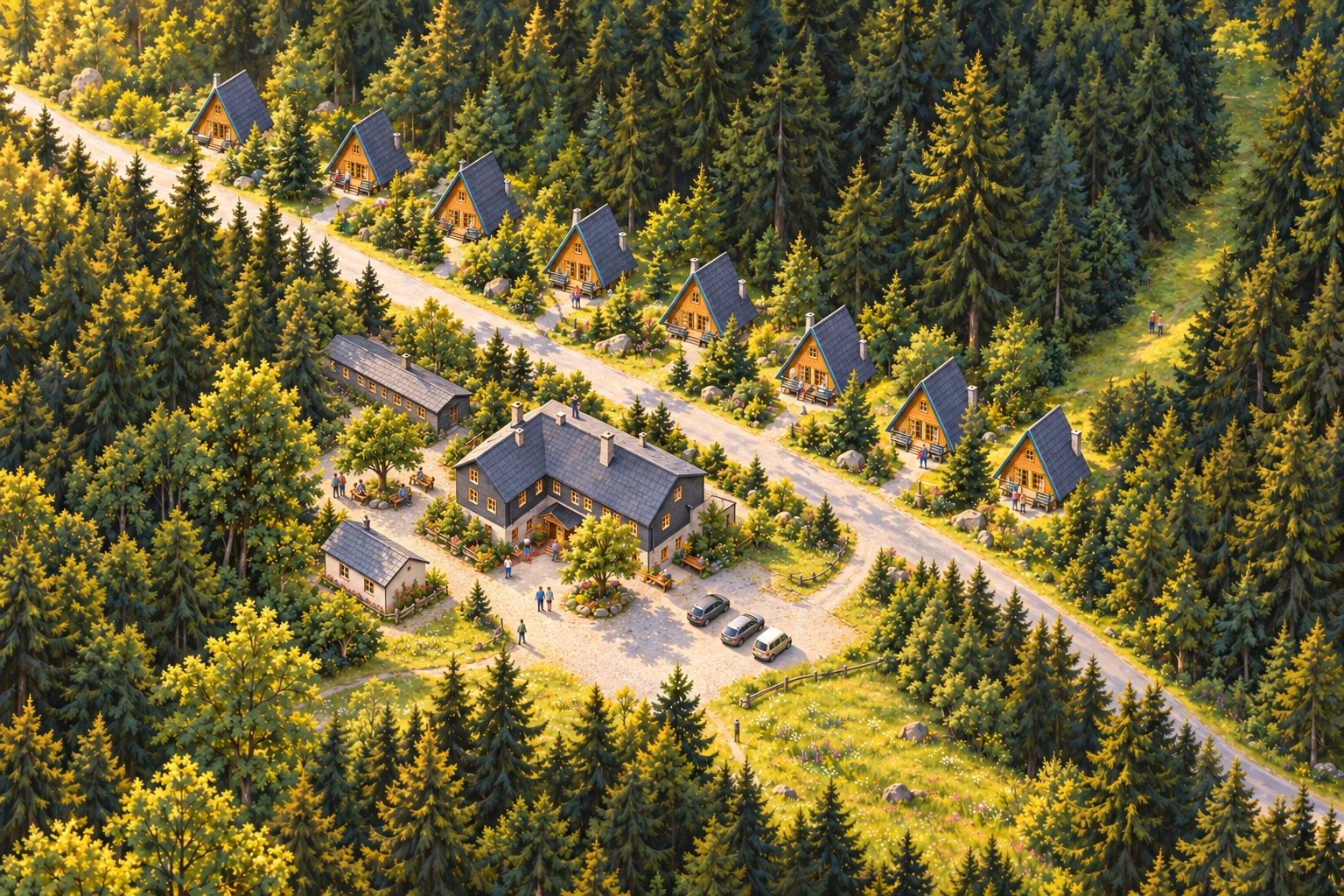 Illustrierte Übersicht: acht Finnhütten entlang des Rennsteigs. Gegenüber liegen Hauptgebäude, Innenhof, Parkplatz und Wiese. Eine Rodelschneise führt hinter der ersten Hütte in den Wald.