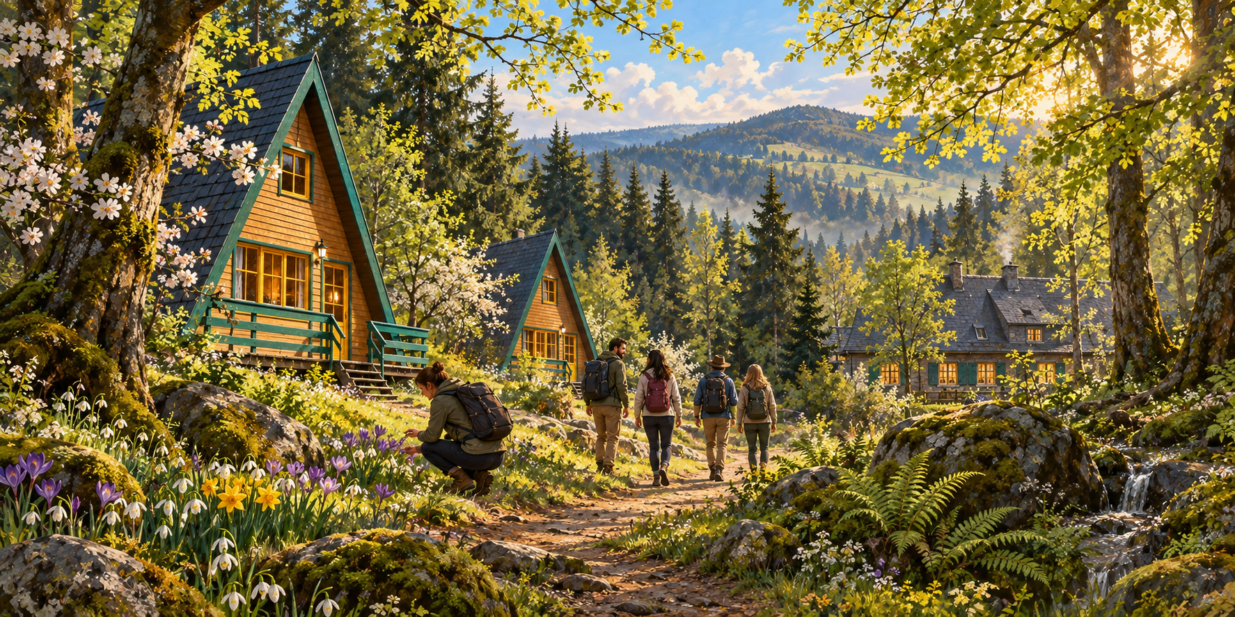 Frühling: gemalte Waldszene mit Finnhütten und Menschen